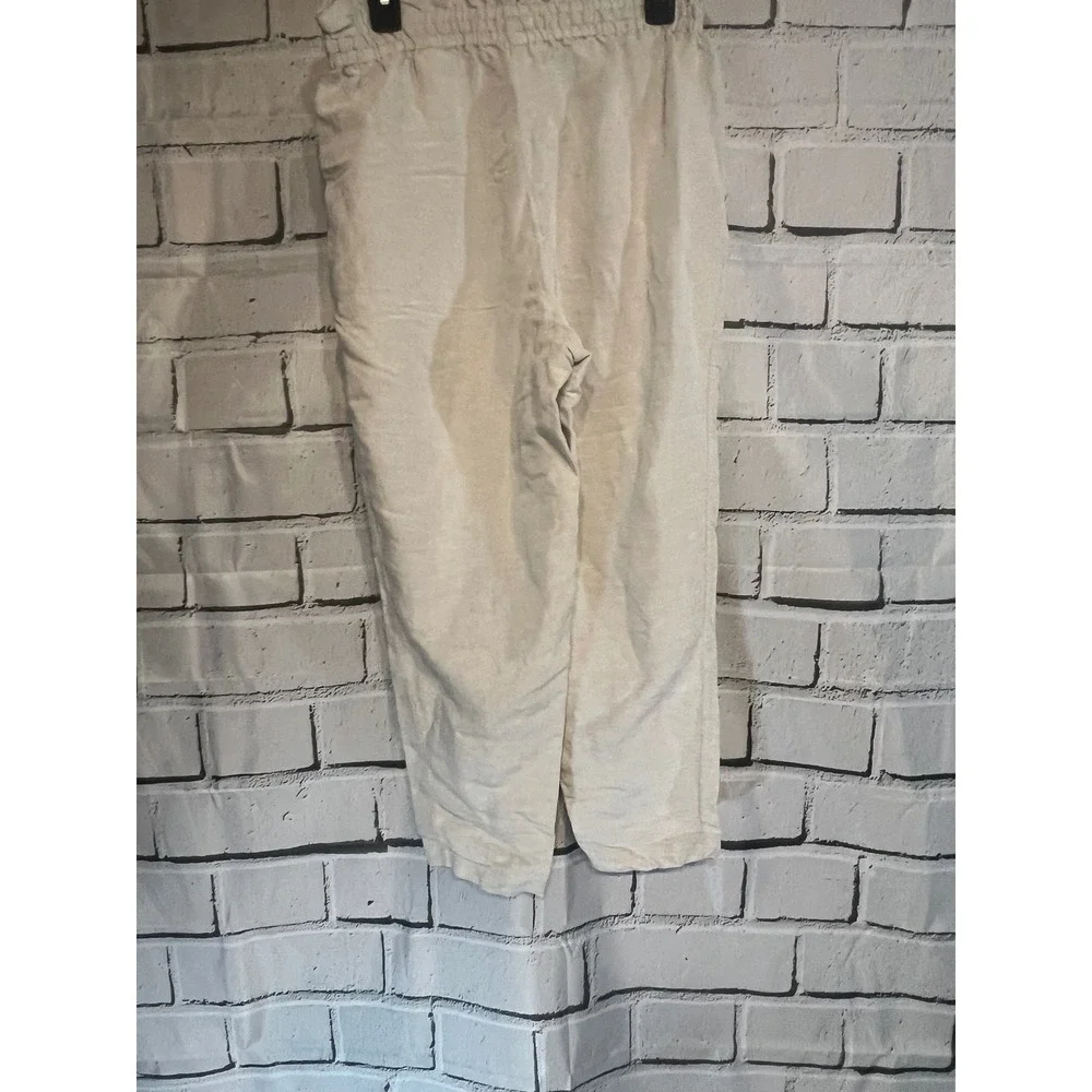 HM Linen Blend Paperbag Waist Pants Beige Oatmeal Straight Leg Drawstring XL